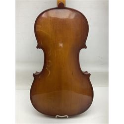 Chinese Parrot violin with 35.5cm two-piece back; L59.5cm in carrying case; and early 20th century German violin for restoration; bears label 'Antonius Stradivarius Faciebat Anno 1730'; cased with bow (2)