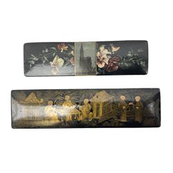 Papier-mâché pencil box, the cover decorated in gilt with Oriental scene of figures conversing and pagodas, together with another example transfer decorated with church and floral spray, (2)