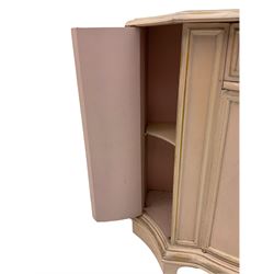 Painted shaped front side cabinet, fitted with four cupboards and single centre drawer