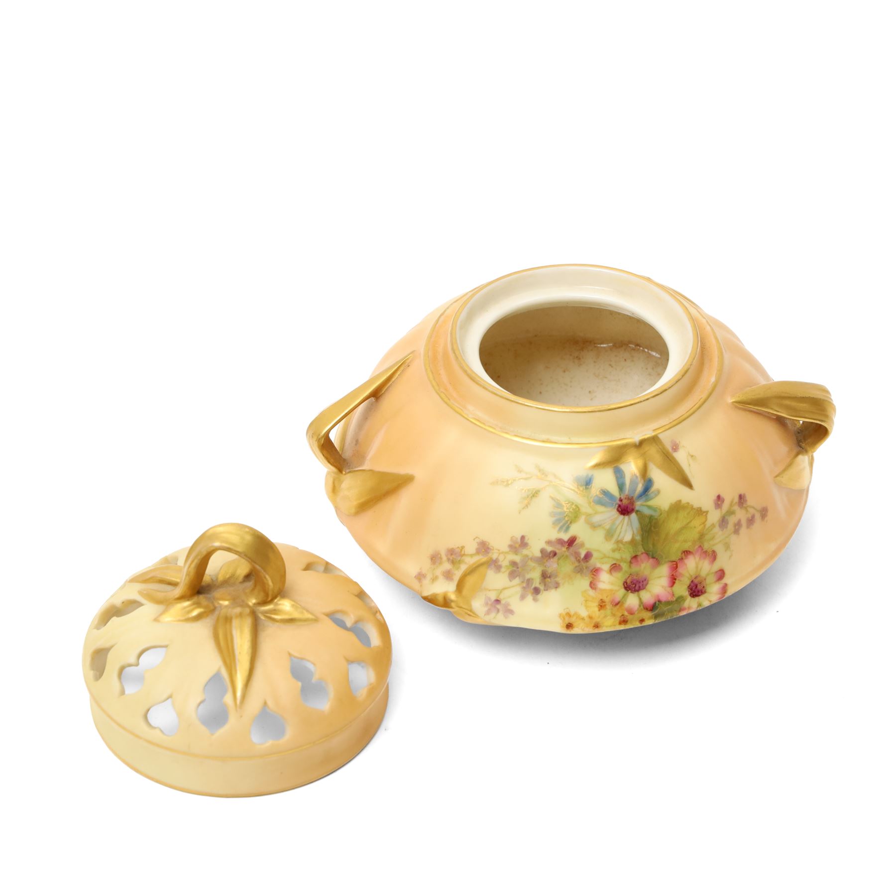 Early 20th century Royal Worcester blush ivory items including jug painted with floral sprays and with gilt handle H14cm, pot pourri with pierced cover, small two handled vase H8cm and two lidded pots (5)
