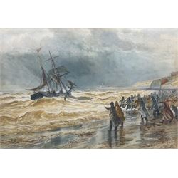 John C Syer (British 1844-1912): Rescuing a Ship at Upgang near Whitby, watercolour signed, indistinctly titled beneath the mount 46cm x 67cm