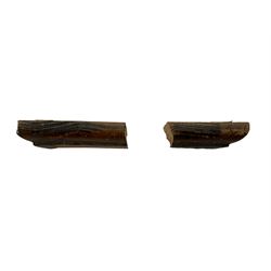Early 20th century carved oak side table, the rectangular top with cross section inlay, frieze carved with foliate decoration, raised on spiral turned supports united by barley-twist stretcher with finial