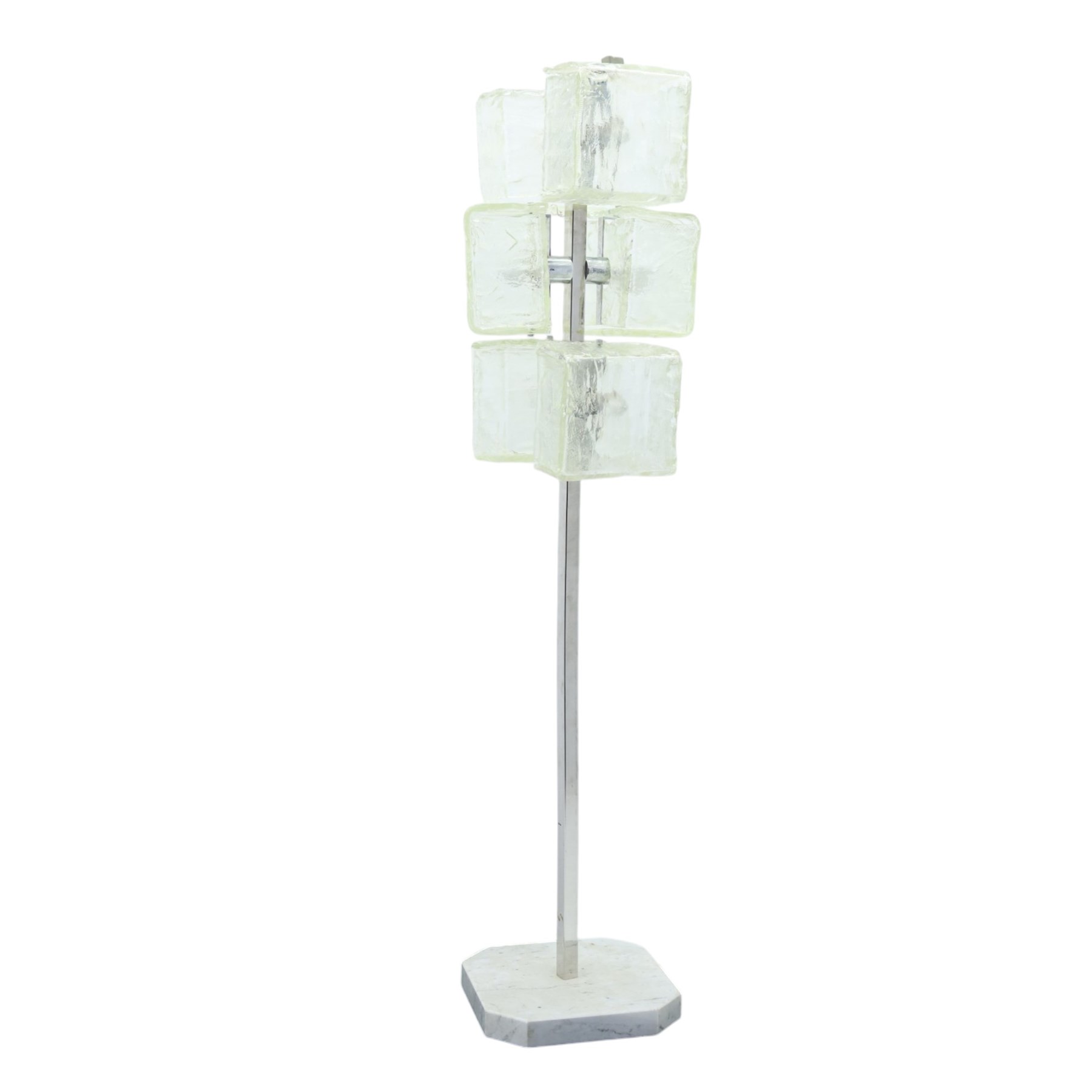 1970s modernist chrome standard lamp, fitted with six textured ice-glass cuboid shades arranged at differing heights, square-section stem on shaped marble plinth base
