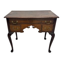 George II oak lowboy, moulded rectangular top over one long and two short drawers fitted with brass drop handles, shaped apron with scrollwork carvings, raised on cabriole supports
