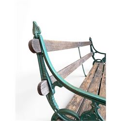 Coalbrookdale - Lily Pad design cast iron an wood slatted garden bench, late 19th century Aesthetic Movement, no. 217569, painted in green with iron centre support and seat stretcher, hardwood slatted
