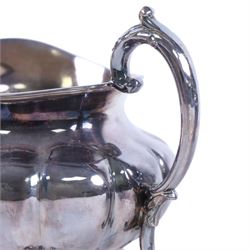 Early 20th century silver plated four piece melon-shaped tea service by James Dixon & Son Sheffield, comprising teapot, hot water jug, milk jug and open sucrier, together with a silver plated twin handled tray with engraved floral decoration