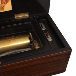 Swiss-Late 19th-century inlaid rosewood musical box playing eight airs, 78 tooth steel comb and brass cylinder, crank operated going barrel with a jewelled governor, with original tune sheet, W51cm 