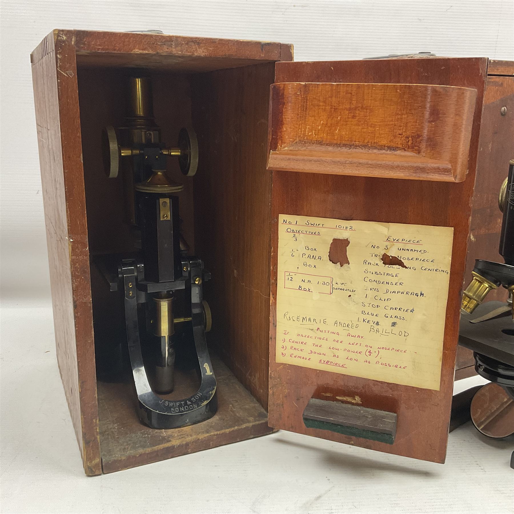 Three boxed microscopes, comprising Hawkslay & Sons Spencer Buffalo microscope no 68177, J Swift & Son microscope and R & J Back microscope no 30241