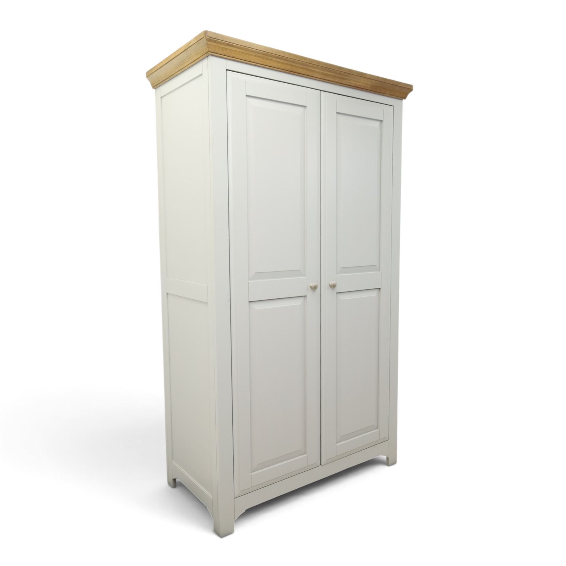Barker & Stonehouse - Grey painted double wardrobe, with projecting oak cornice, fielded panelled doors, with wooden hanging rail, raised on bracket feet