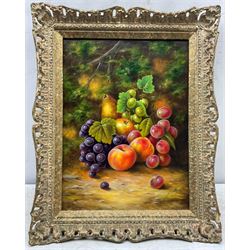 John F Smith (British 1934-): Still Life with Grapes and Peaches, oil on board signed 39cm x 29cm