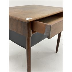 Mid 20th century Norwegian dark wood sewing table, rectangular top over drawer and sliding storage basket, on tapering supports