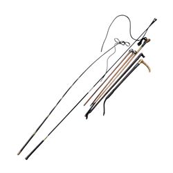 20th Century hunting whip with horn handle, together with another hunting whip, two swagge...