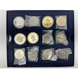 Ten Queen Elizabeth II five pound coins, Falkland Islands 2005 one crown and other commemorative coins, housed in a Westminster box