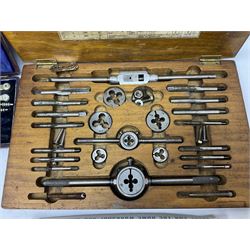 Fredk Bates & Co Stirchley Birmingham tap and die set, in original box, together with cased drawing instruments to include compasses, etc