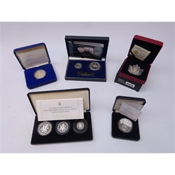  Commemorative coins or medallions 'The Jubilee Monarchs Silver Coin Set' comprising Queen Victoria 1887 shilling and Queen Elizabeth II 1977 silver crown, 'A Celebration Medal to Commemorate the Marriage of HRH The Prince of Wales and Mrs Camilla Parker Bowles' dated 2005, 2015 'The Princess Charlotte of Cambridge Solid Silver Proof Commemorative', 2016 'The Queen Elizabeth II 90th Birthday Solid Silver Proof Coin Collection' and a Canadian 2018 '30th Anniversary of the Silver Maple Leaf', all cased with certificates  