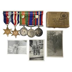 WW2 group of five medals comprising 1939-1945 War Medal, Defence Medal, 1939-1945 Star, France and Germany Star and Canadian Volunteer Service Medal; on wearing bar with ribbons; with a medal box and slip and three photographs