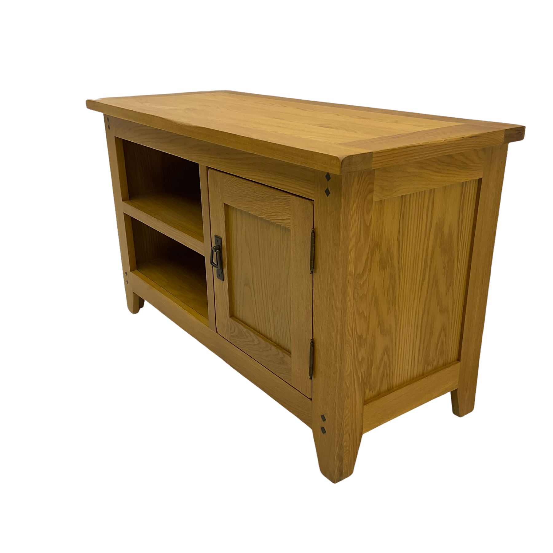 Solid light oak television stand, fitted with shelf and cupboard The