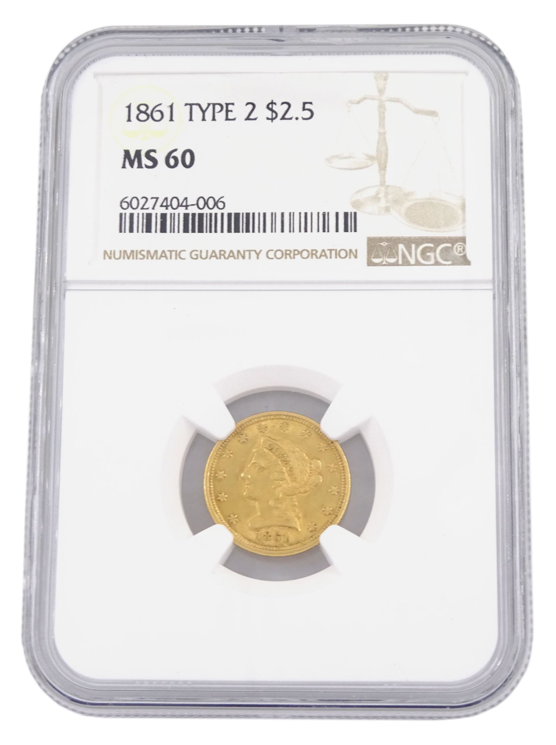 United States of America 1861 Liberty head type 2 gold two and a half dollar coin, encapsulated and graded MS60 by NGC