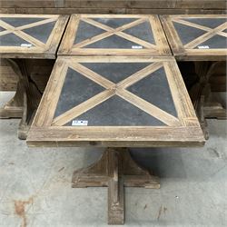 4 x Rustic square restaurant bistro table, parquetry top, X shaped base