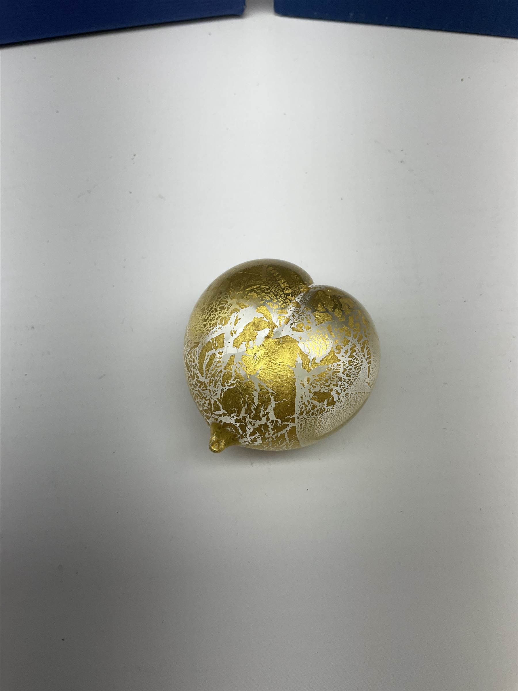 Two Art Glass Jonathan Harris vases, The first example of a baluster form, the second example of tapering cylindrical form,  each with iridescent decoration in tones of purple and blue, tallest example H18.5cm, each with makers box, together with a Isle of Wight glass paperweight. 