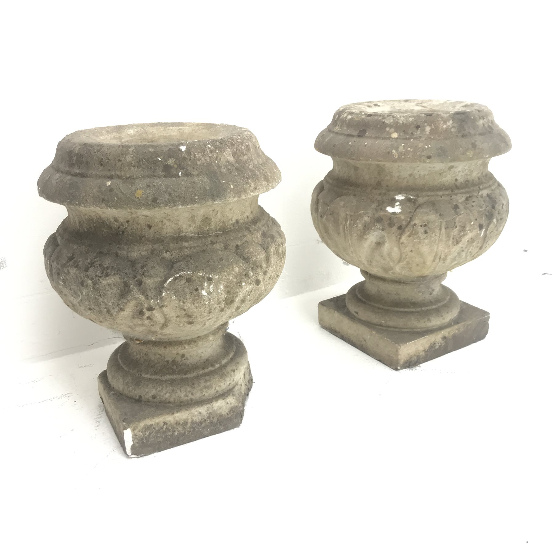 Pair composite stone urn planters, D30cm, H38cm The Furnishings Sale