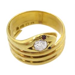 Victorian 18ct gold coiled snake ring, the head set with a single stone diamond and stone set eyes, makers mark EB, London 1886, diamond approx 0.35 carat