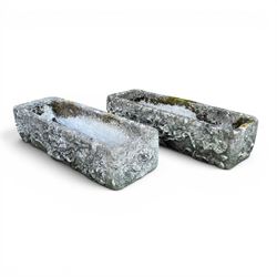 Pair of rectangular weathered cast stone planters, ornate moulded detail