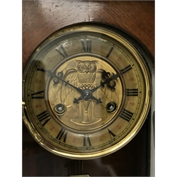  Late 19th century beech and walnut cased Vienna style wall clock, the dial with embossed owl decoration, twin train movement striking on coil, H96cm  