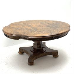 Victorian and later highly figured walnut table, shaped moulded tilt top with quarter matched veneer, the skirt decorated with carved scroll mounts, faceted baluster column on platform, turned feet with recessed castors