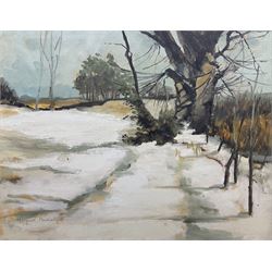 Margaret Parker (Northern British 1925-2012): 'Snow at Riplingham', oil on canvas signed, labelled verso 39cm x 49cm