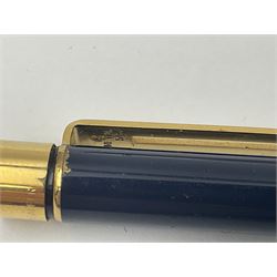 Sheaffer Targa 1011 Diamond Square fountain pen, the gold plated barrel with nib stamped 14K 585, together with another Sheaffer Targa fountain pen with blue barrel and gold nib stamped 14K 585 and matching ballpoint, and Sheaffer ballpoint pen with sterling silver barrel, largest L13.5cm (4)