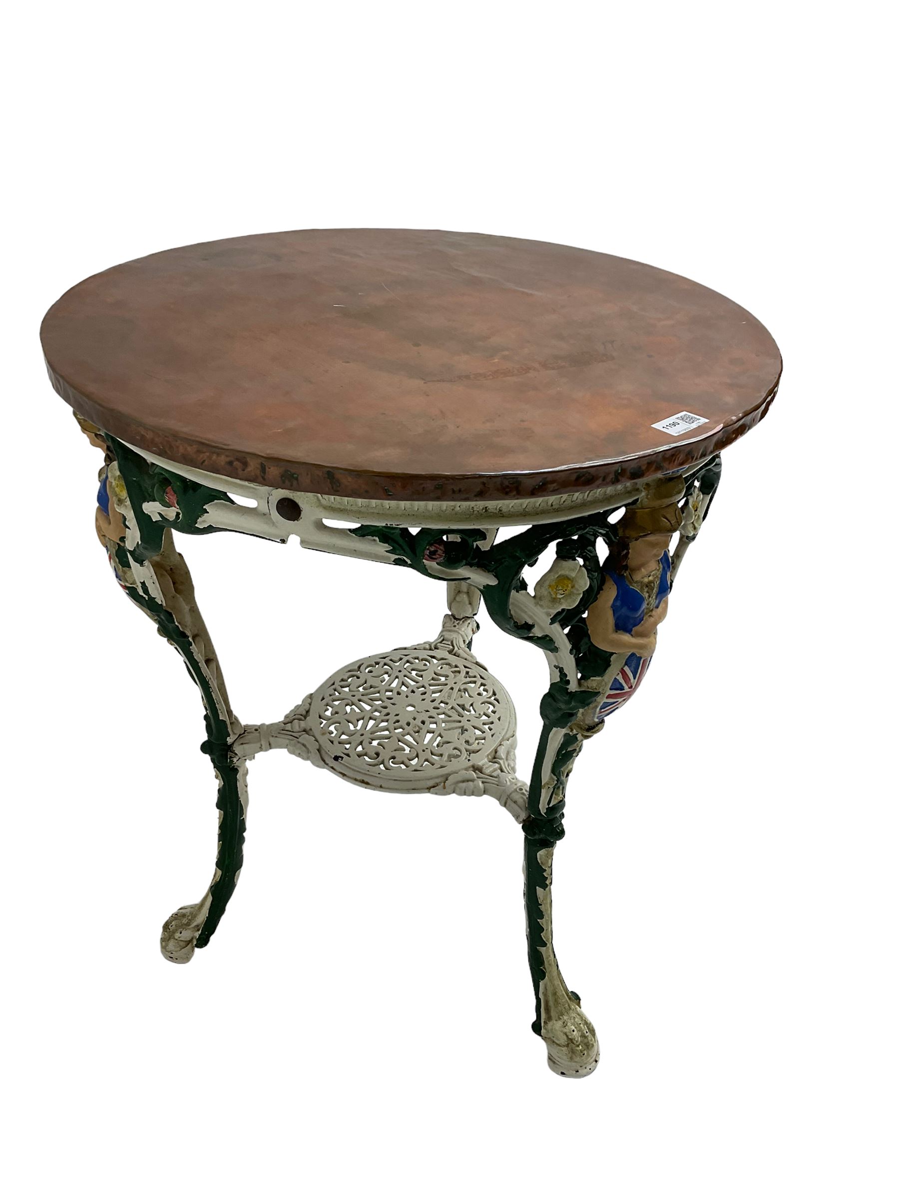 Britannia cast iron pub table, circular copper top with painted base