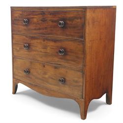 Early 19th century mahogany secretaire chest, the rectangular top over a fall-front fitted with pigeonholes and small drawers, above two long drawers with turned wooden knobs, upon swept bracket feet