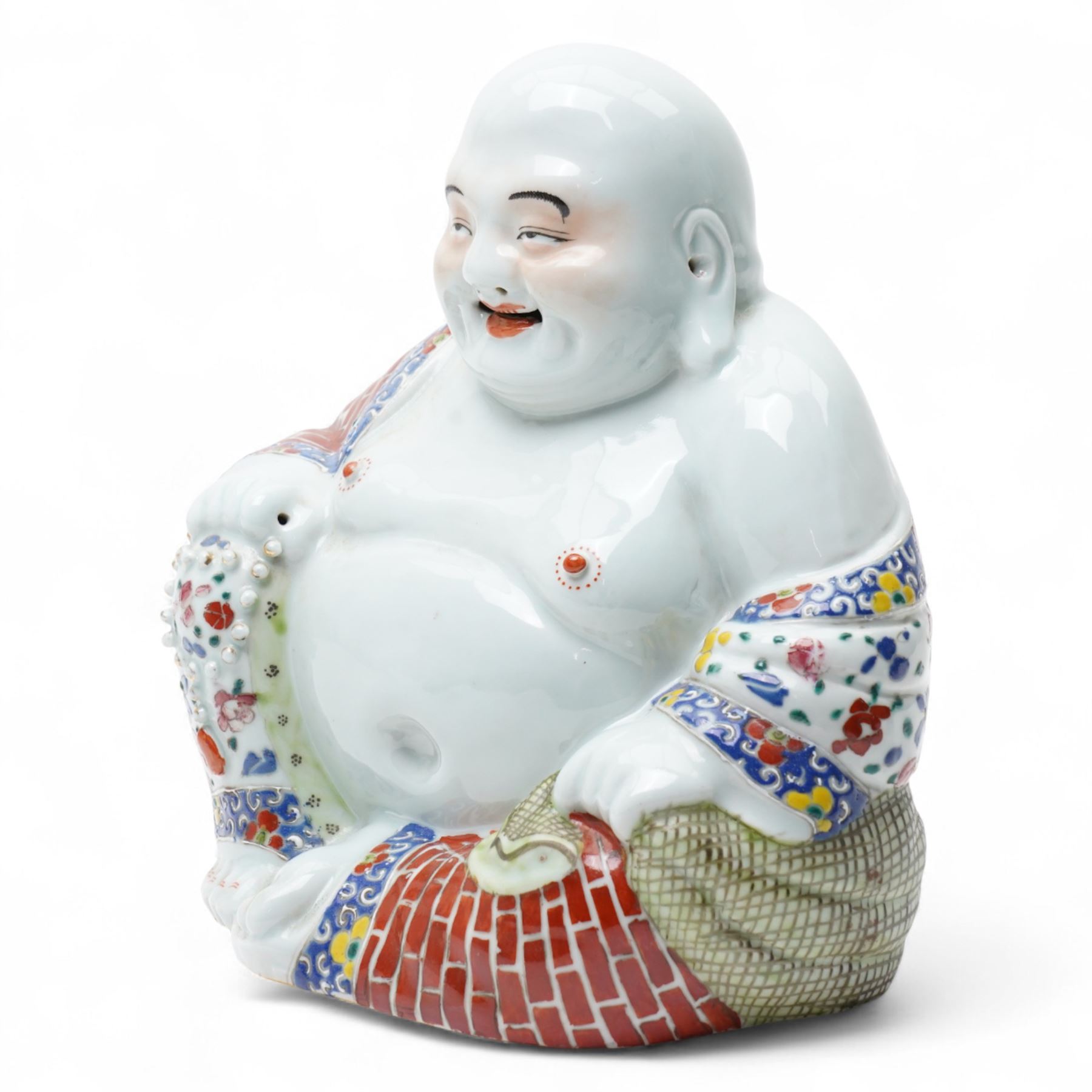 Chinese Famille Rose porcelain model of the laughing Buddha, early Republic period, impressed seal mark to base H26cm