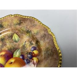 Mid 20th century Royal Worcester cabinet plate decorated by John Freeman, of circular form with gilt shaped rim, hand painted with a still life of fruit upon a mossy ground, signed Freeman, with black printed mark beneath, D27cm