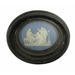 Oval Wedgwood light blue Jasperware plaque relief moulded classical scene, impressed Wedgwood verso, L10cm