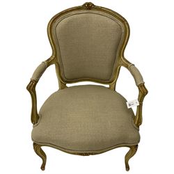 French armchair, painted beech framed, upholstered in linen fabric