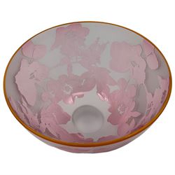Gillies Jones of Rosedale pink glass bowl decorated with flowers with an orange rim, upon a short clear tapering foot, signed to base, H13cm D15cm