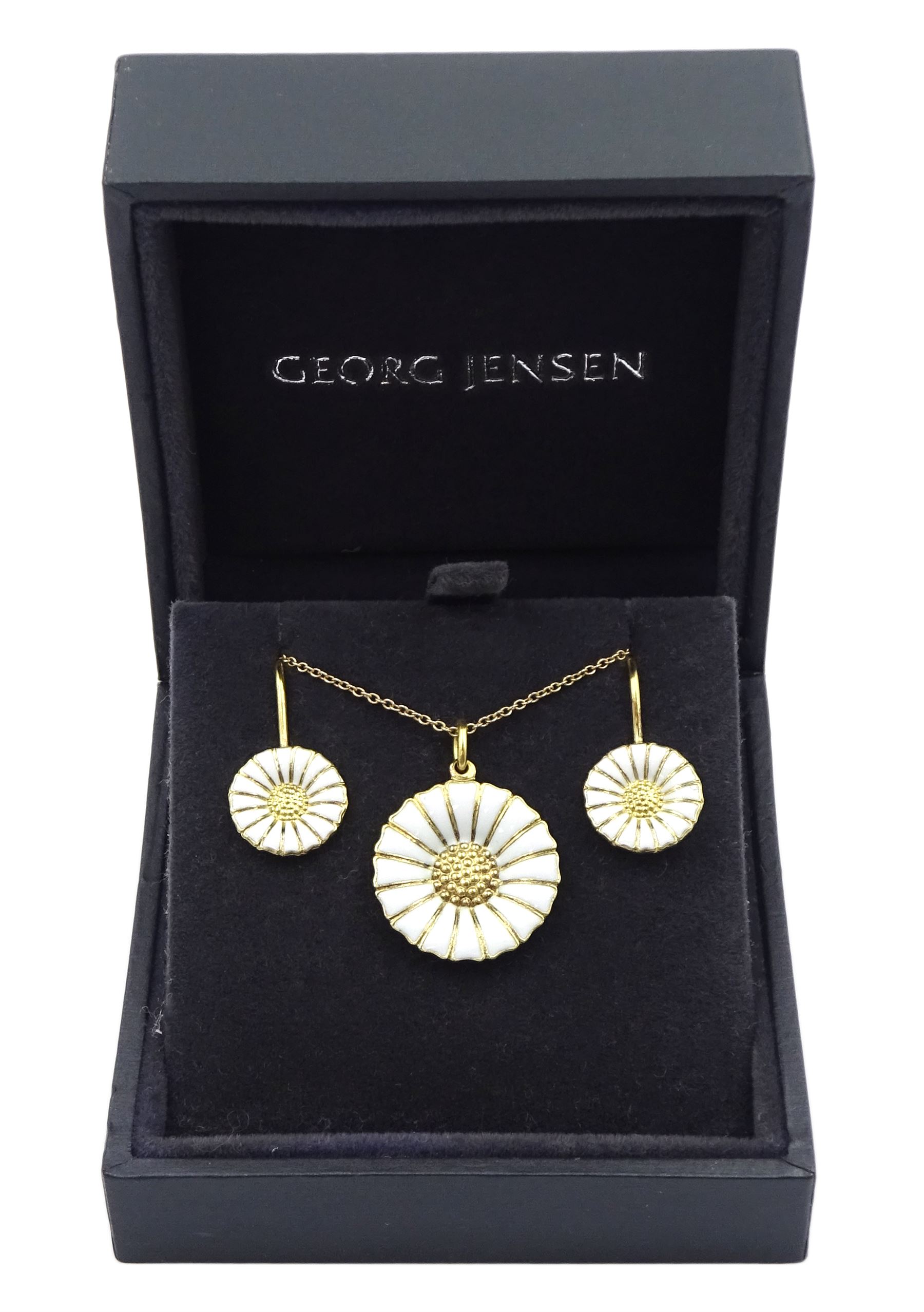 Silver-gilt white enamel daisy pendant necklace and matching pair of pendant earrings by Georg Jensen