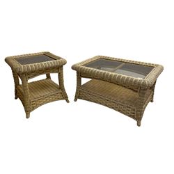 Contemporary rattan conservatory suite - two seat sofa with wicker frame and loose cushions upholstered in textured champagne fabric (W125cm H98cm); pair of matching armchairs (W72cm H98cm); rectangular glass-topped coffee table with rattan frame and undertier (W85cm D60cm H47cm); and matching square side table (W53cm H55cm)
