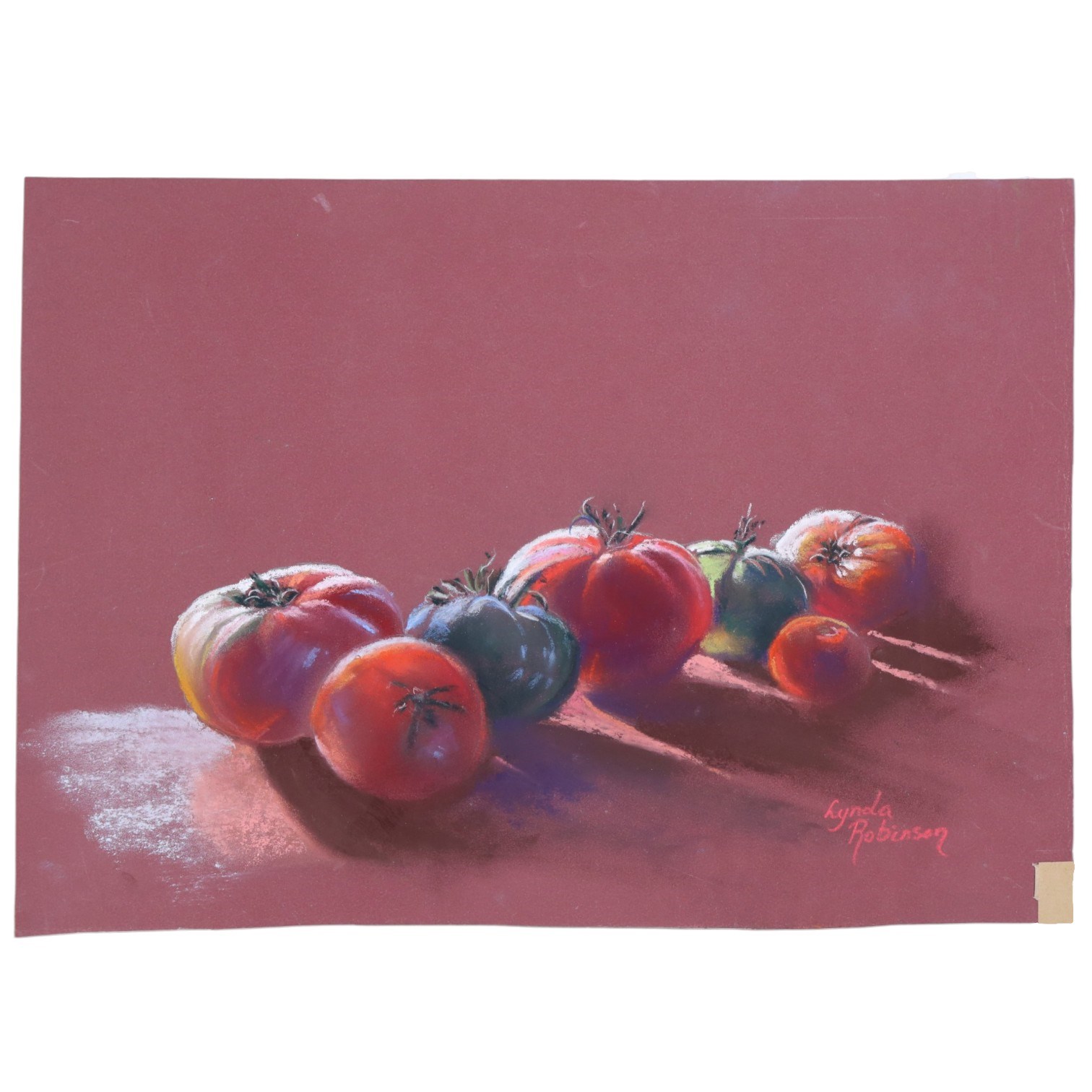 Lynda Robinson (Australian Contemporary): 'A Little Light Exercise' and Still Life of Tomatoes, two pastels signed, one titled verso max 37cm x 28cm; together with one print and one art card (4) (three unframed)