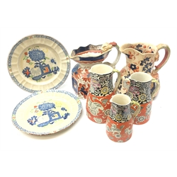  Set of three 19th century Masons graduating jugs with Chinoiserie design, two Masons plates, 19th century Ironstone China Imari pattern jug with Serpent moulded handle and a similar jug, H22cm (7)  