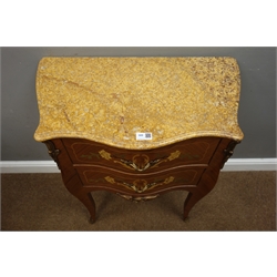 Small French style walnut and marquetry chest of two drawers, serpentine variegated marble top, W62cm, H81cm, D33cm  