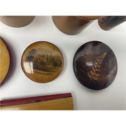 Collection of Mauchline ware and similar relating to sewing, to include pin cushions, thimble holders and needle cases (15)