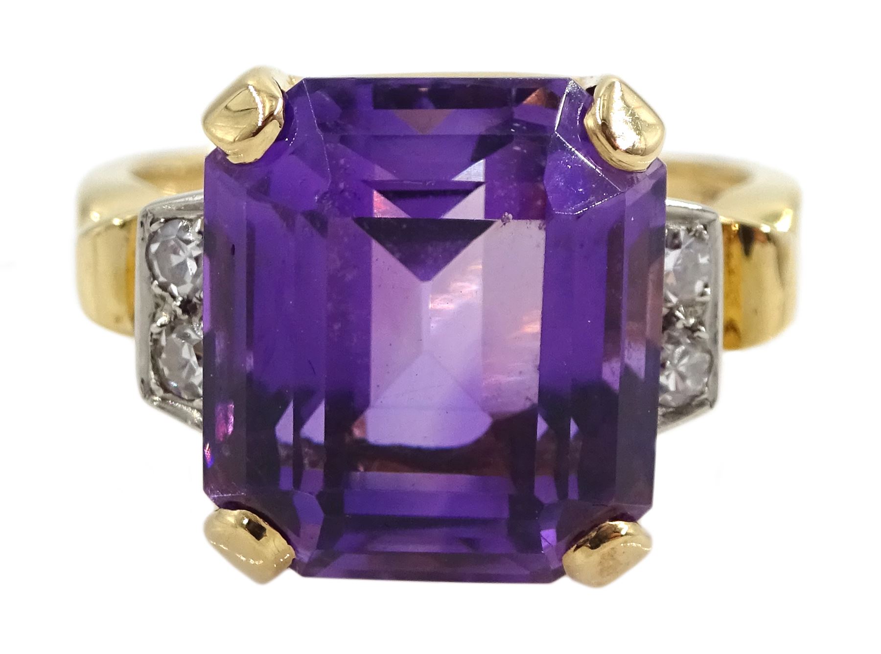 Gold amethyst and four stone diamond ring, stamped 14K