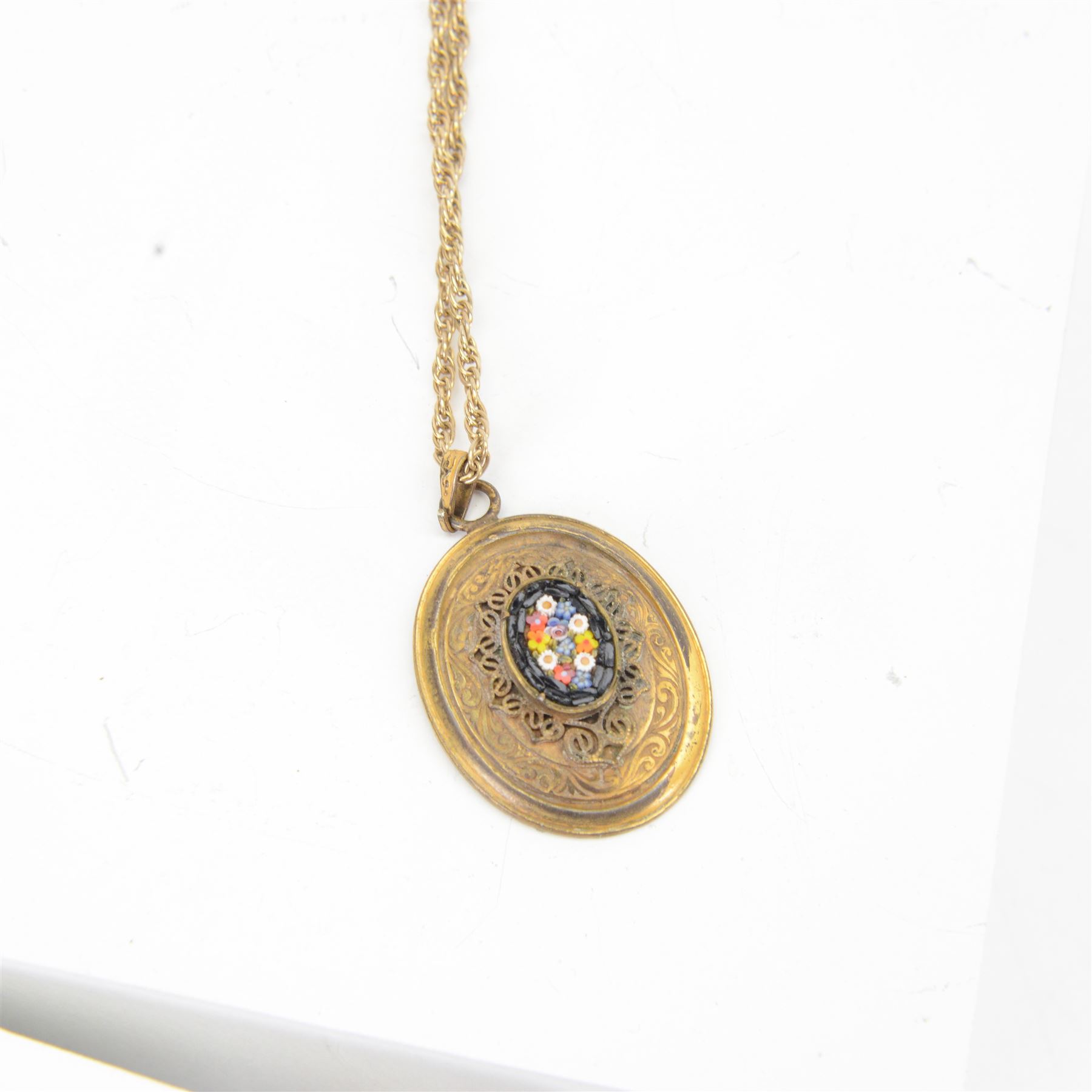 Two micro mosaic fringe necklaces, together with five pendent necklaces, all decorated with mosaic floral designs