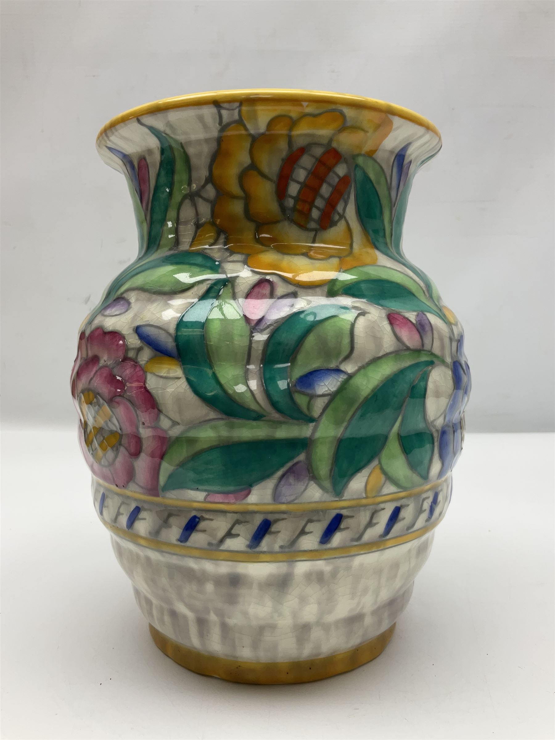 Charlotte Rhead Crown Ducal jug, decorated in the Persian Rose pattern, with printed and painted marks beneath
