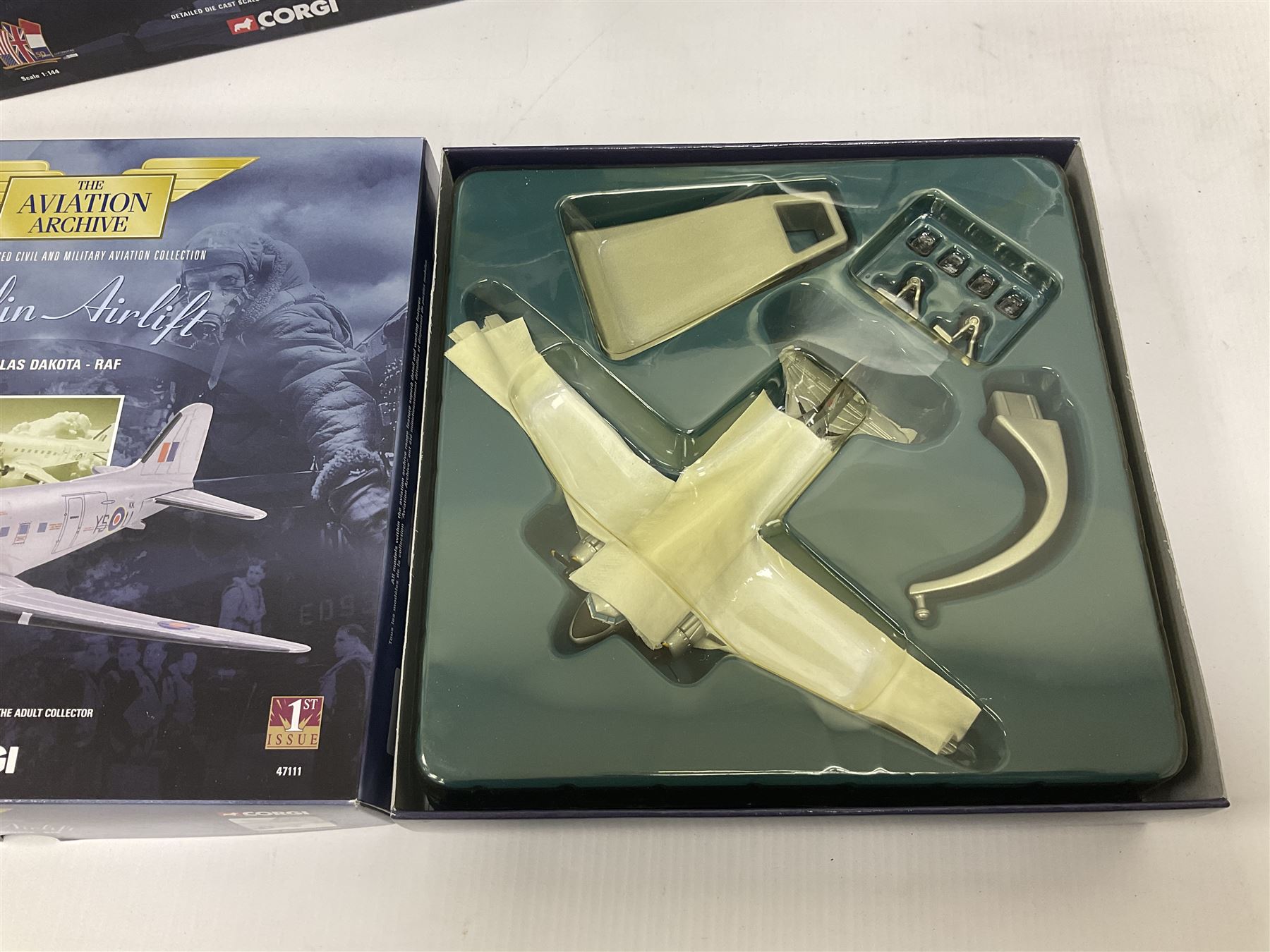 Corgi - Aviation Archive, eight models comprising three ‘Military’ and five ‘Berlin Airlift’ 1:144 scale models, to include limited editions AA31502 Bristol Britannia 312F ‘XX-367’ ‘Team Spirit’ A&AEE Boscombe Down no.686/2500; 48104 Boeing C-97A Stratofreighter Military Air Transport Services no.2815/4000; 47205 Avro York - RAF; 47403 Avro Lancastrian; all boxed (8)