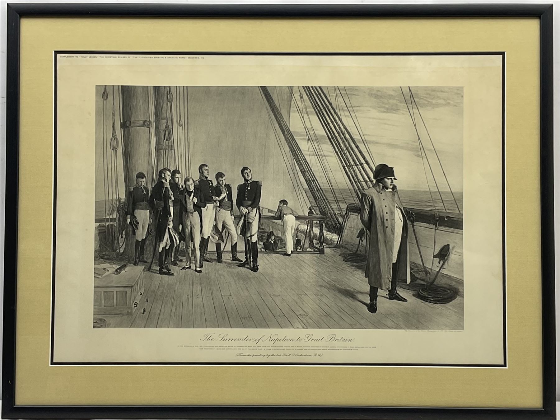 After Sir William Quiller Orchardson (Scottish 1832-1910): 'The Surrender Of Napoleon To Great Britain', monochrome print pub. 1910, 40cm x 61cm; after Elizabeth Southerden Butler (née Thompson) (British 1846-1933): 'Balaclava - The Return 25 October 1854. The Charge of the Six Hundred', monochrome print pub. 19011, 33cm x 63cm; after Andrew Carrick Gow (British 1848-1920): 'Farewell to Nelson', monochrome print 62cm x 38cm