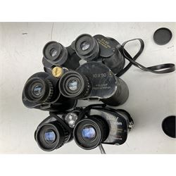 Eleven cased pairs of binoculars, to include Omiya 8x30, Tasco, Esde-Optik 8x40 Weitwinkel, Chinon 10x50 Field. Aico Rapide 8x30, Astralite zoom 6x- 14x32, etc